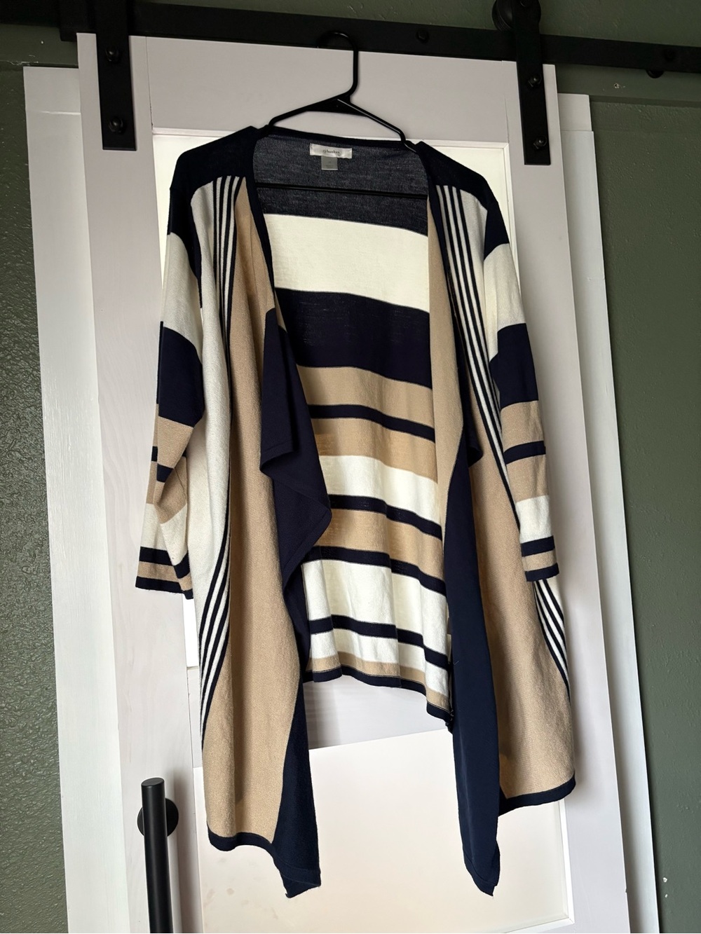 Striped Open-Front Cardigan Sweater in Navy, Cream & Tan
